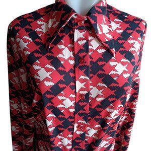 Large True Vintage 1970's Mod Collar Strtech Top Shirt Red/Black Geometric Print
